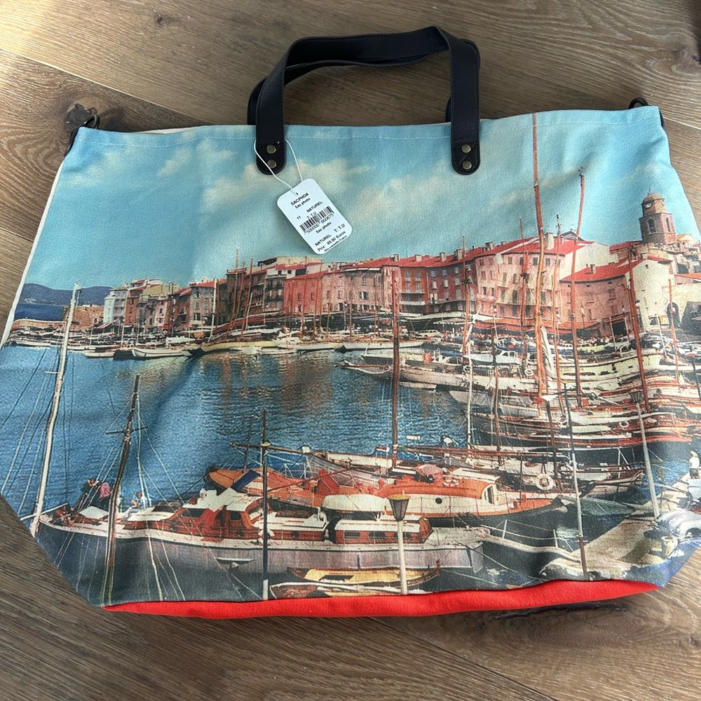 St Tropez Harbor Print beach Bag from St Trope, France. Never used, tag is on